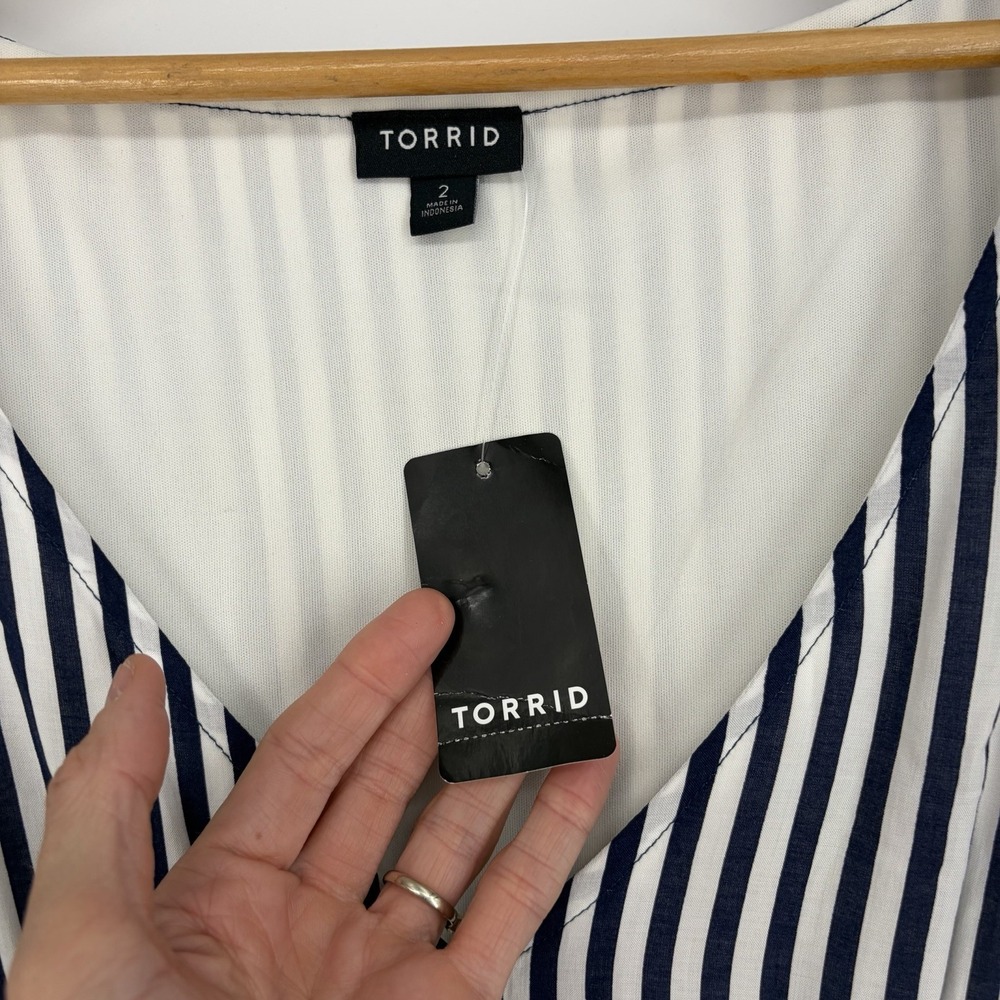 Torrid Tiered MIDI Dress 2X Navy White Stripe Challis Tie Summer Nautical Staple - Picture 8 of 15